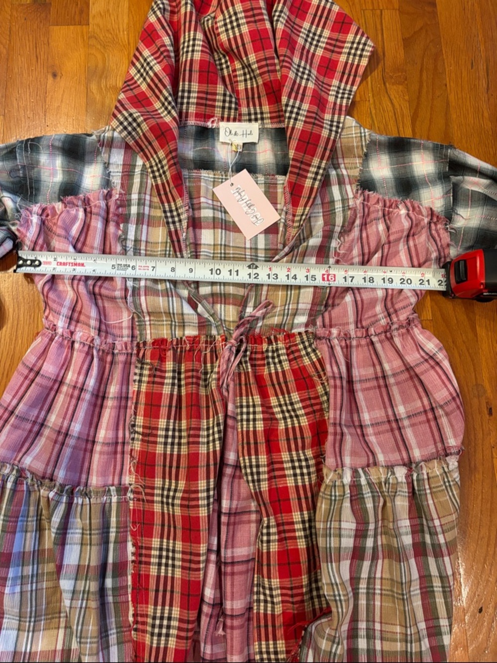 Oli & Hali Plaid Patchwork Tie Front Hooded Duster in Pink, Tan & Green New Sz S - Picture 6 of 6